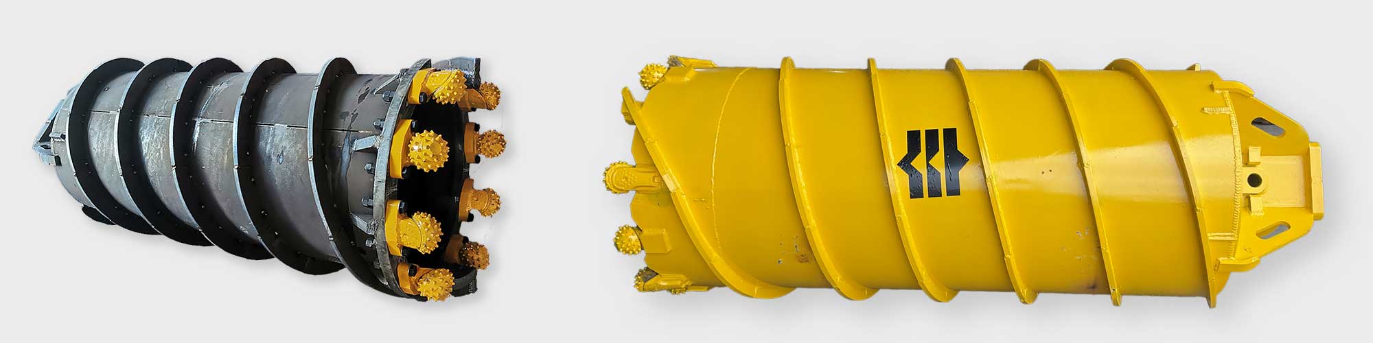 2 types of roller bit core barrel facing each other with FIRMTECH signature yellow color and branding sticker